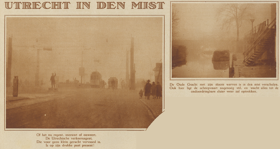 872910 Collage van 2 foto's betreffende 'Utrecht in de mist', met links een afbeelding van de Catharijnebrug en rechts ...